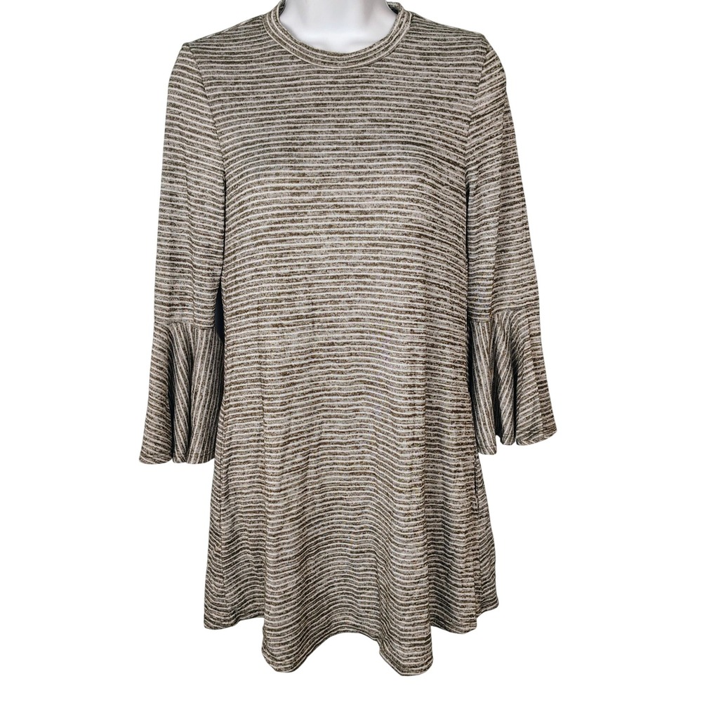 Speechless Womens Olive‎ Green Striped Bell Sleeve Mini Dress with Pockets S y2k